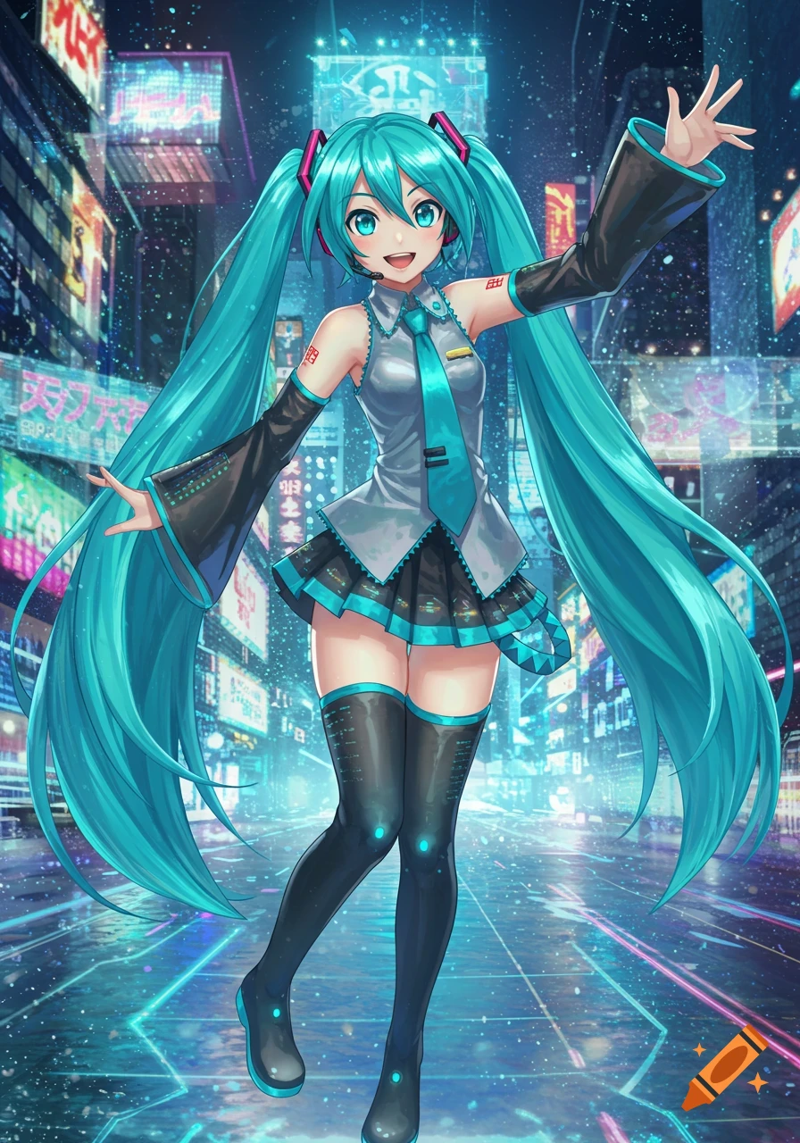 Hatsune Miku in a futuristic city at night, with glowing neon signs and a dynamic pose, anime style.