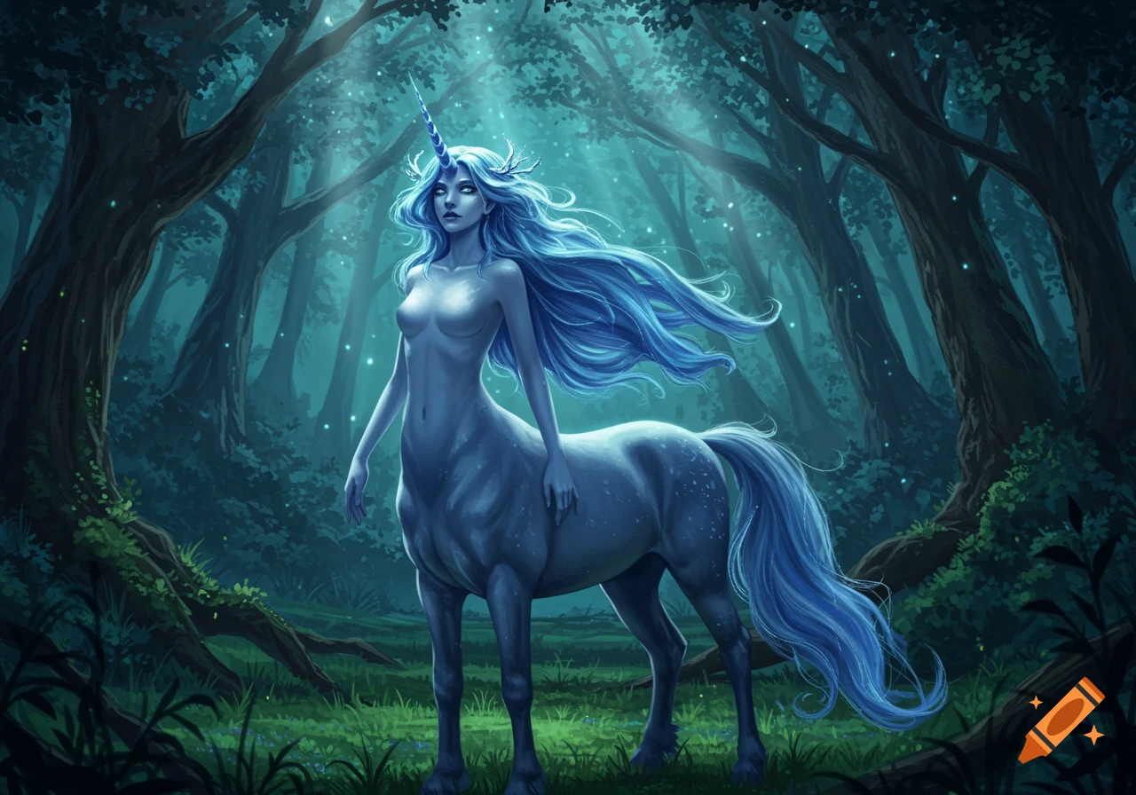 A blue-skinned unicorn centaur woman with long blue hair stands in a mystical, dark forest with light beams and glowing particles.