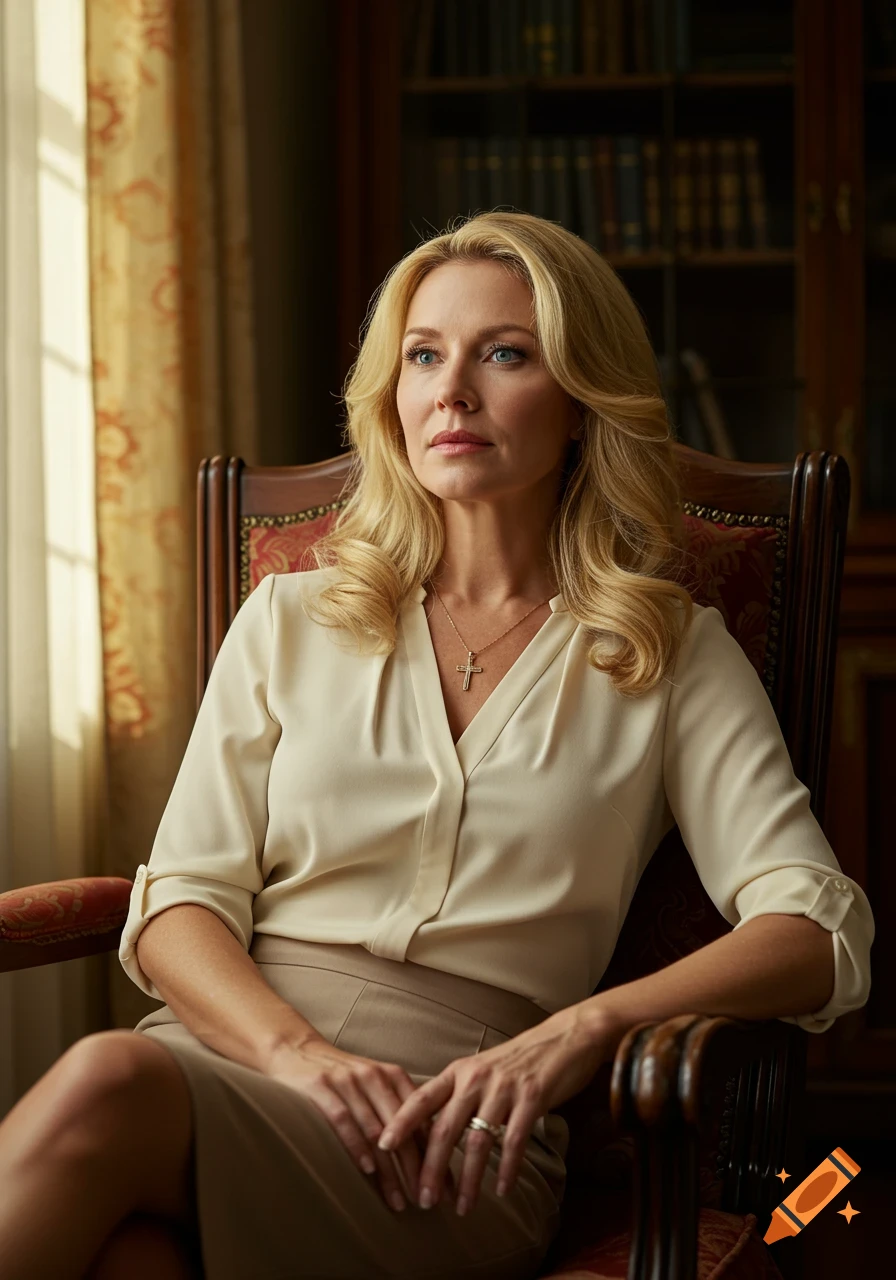 A blonde woman with blue eyes wearing a cream blouse and tan skirt sits in a chair, a cross necklace visible, in a photorealistic indoor scene.