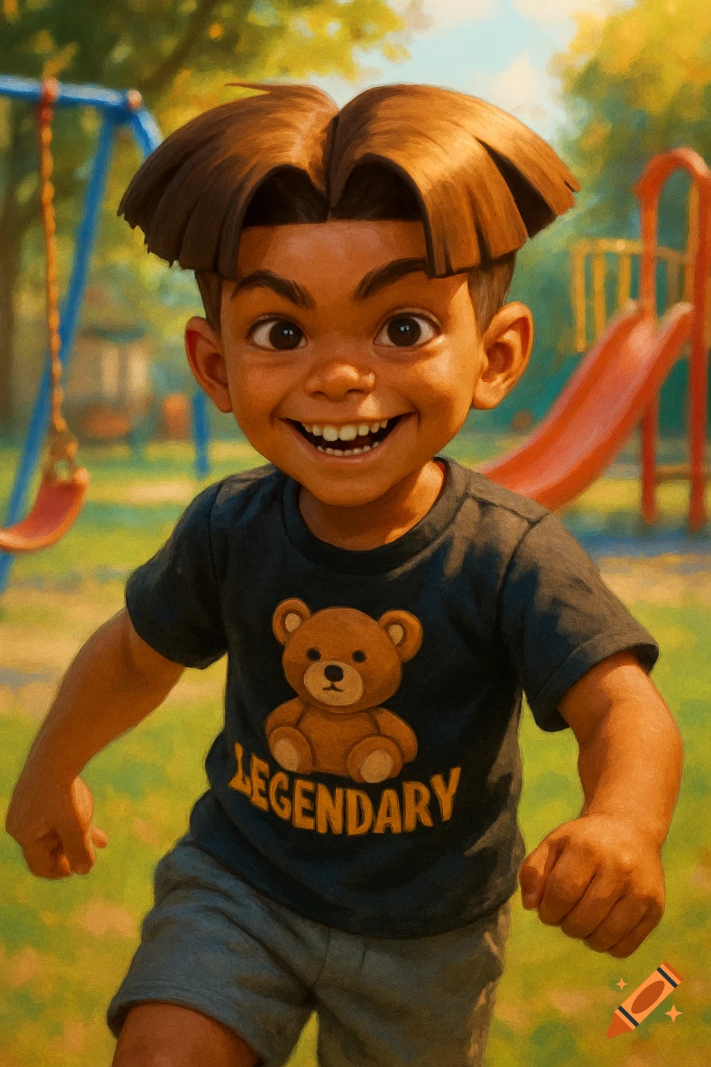An illustration of a smiling boy with goofy brown hair, wearing a black t-shirt with a teddy bear and the word "LEGENDARY," standing in a bright playground.