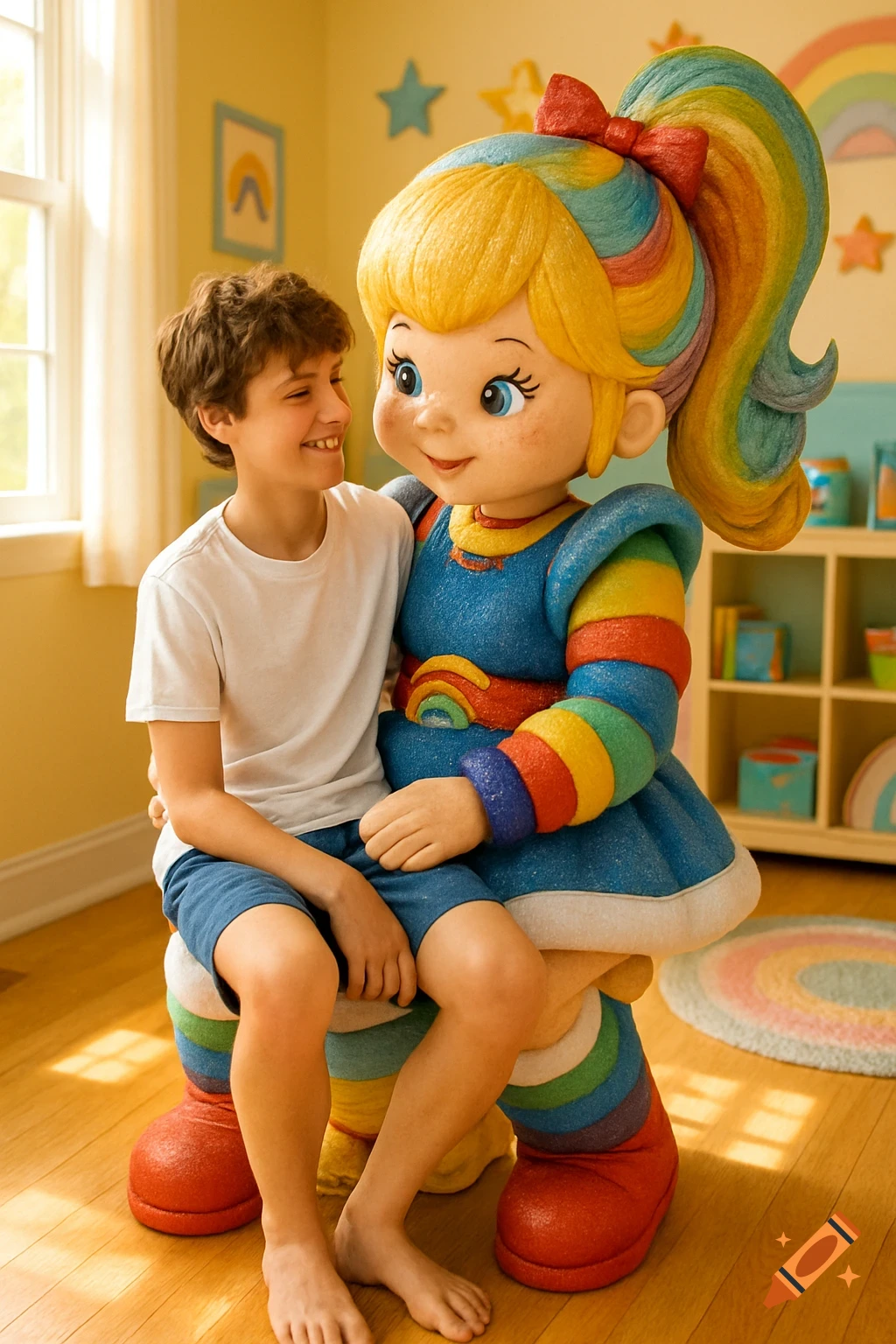 A smiling boy in a white t-shirt and blue shorts sits on the lap of a large Rainbow Brite mascot in a bright, colorful room.