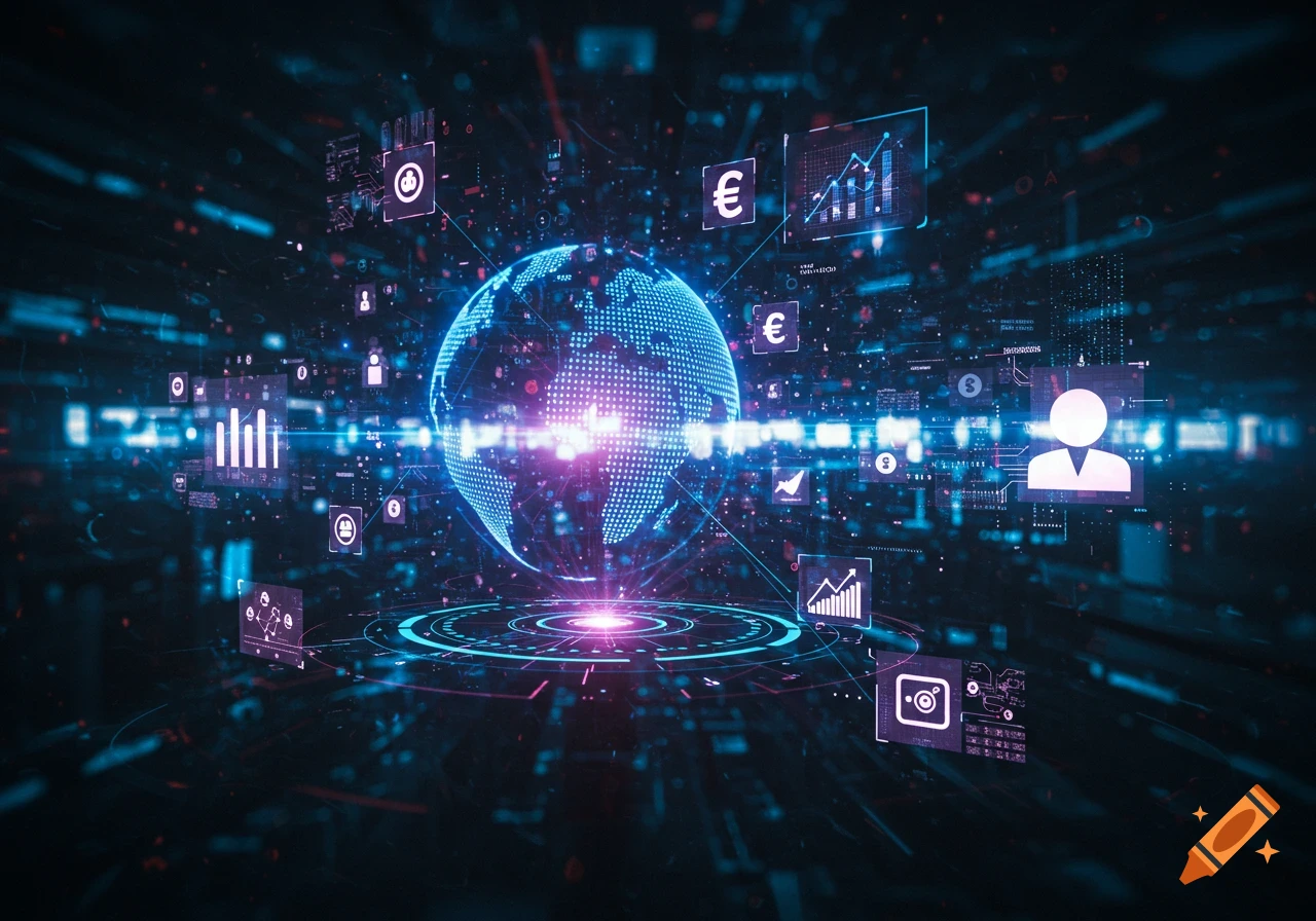 A glowing digital globe surrounded by floating charts, graphs, and currency symbols, depicting global data and finance.
