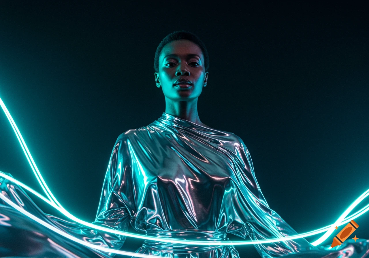A person with short hair wears a metallic silver outfit with glowing neon blue lines, against a dark background, in a futuristic portrait style.