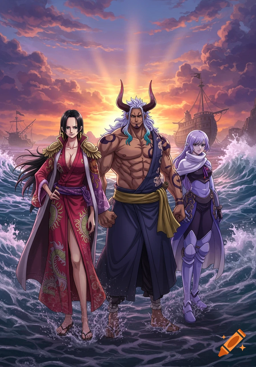 Three anime characters, a woman in a red kimono, a muscular man with horns, and a woman in purple, stand in ocean waves at sunset with ships in the background.