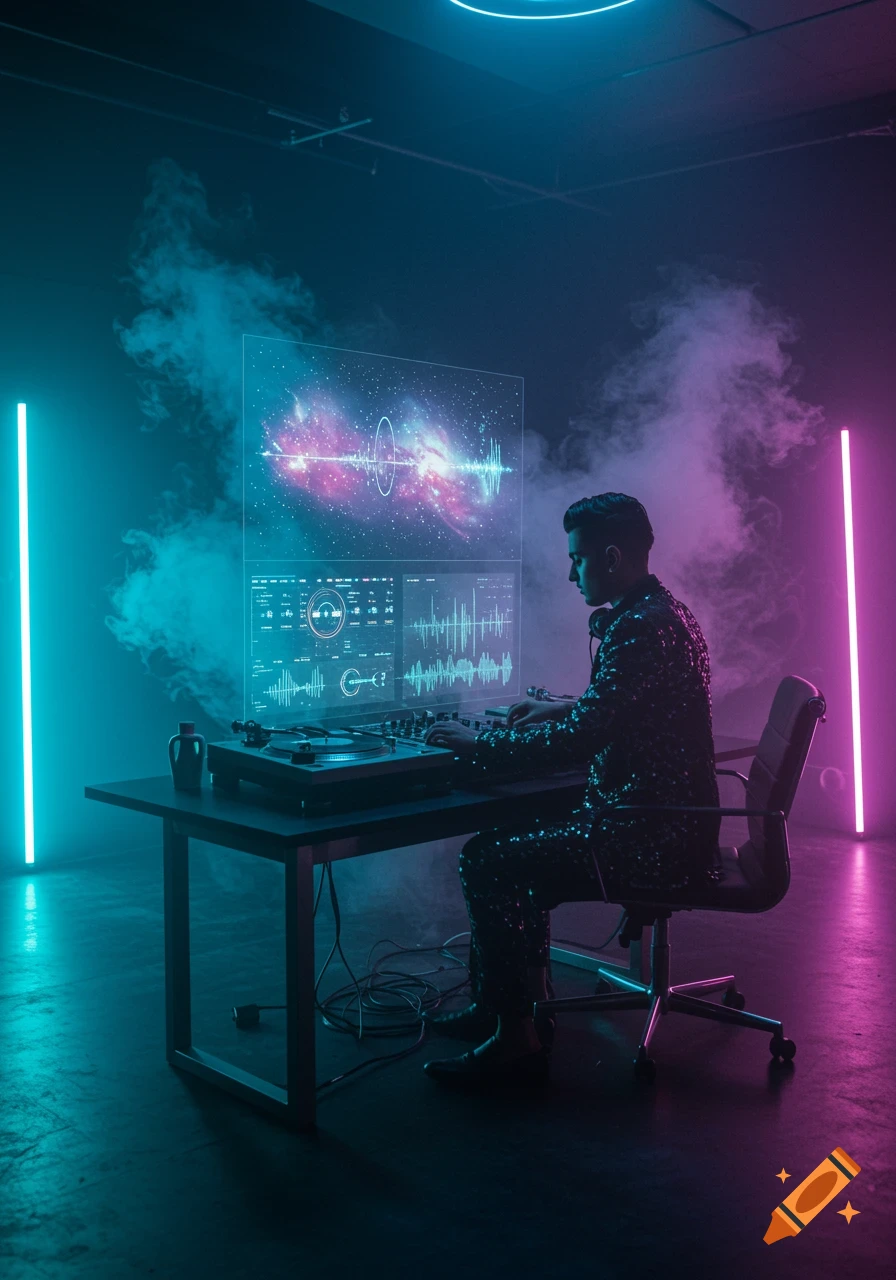 A person in a sequined suit is seated at a DJ setup with turntables and a mixer, looking at a large glowing transparent screen displaying waveforms and a galaxy, in a smoky room lit by neon blue and pink lights.