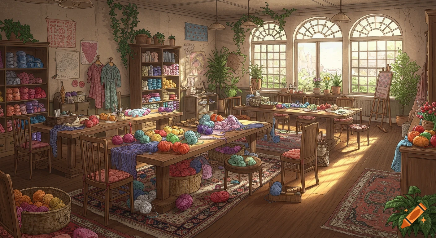 An illustration of a cozy crochet studio with large windows and warm sunlight, filled with colorful yarn balls, shelves, and various crafting tools.