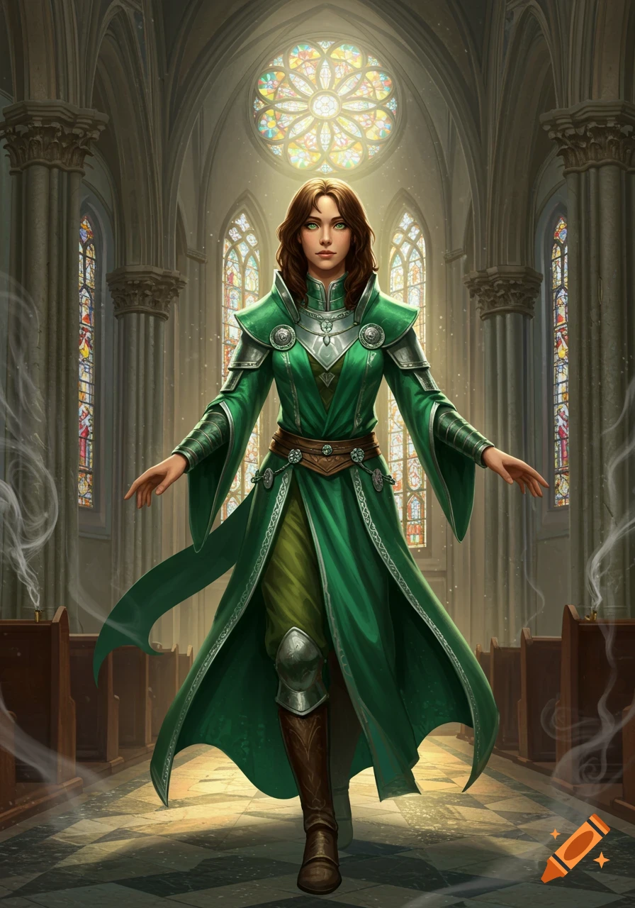 A female cleric with brown hair and green eyes, wearing green and silver armor and robes, stands in a gothic church with stained glass windows.