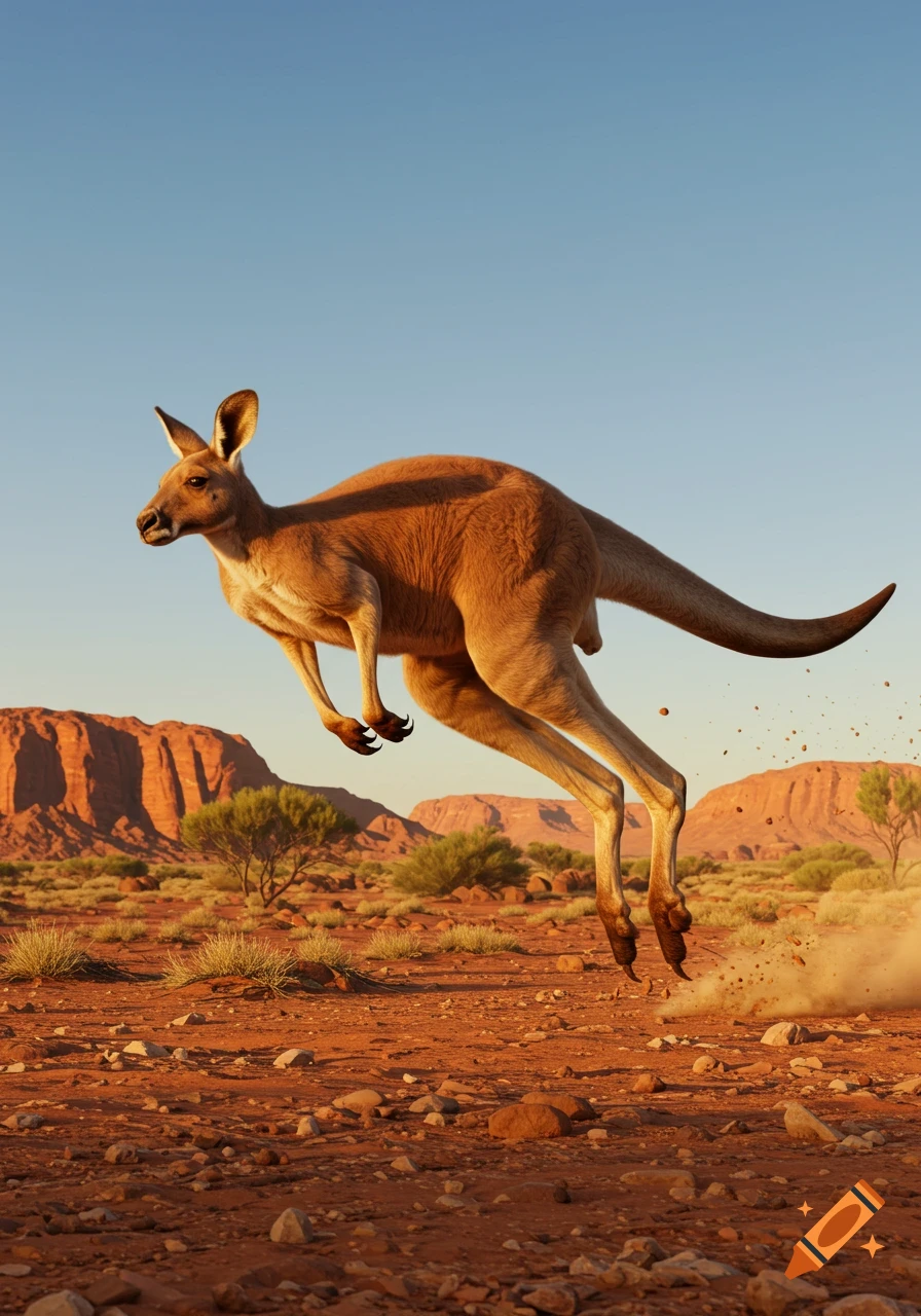 A photorealistic image of a kangaroo leaping across a red, rocky desert landscape, kicking up dust, with mesas in the background under a clear sky.