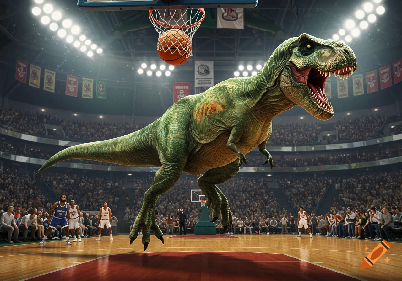 A photorealistic giant T-Rex dunks a basketball on a crowded court in a stadium.