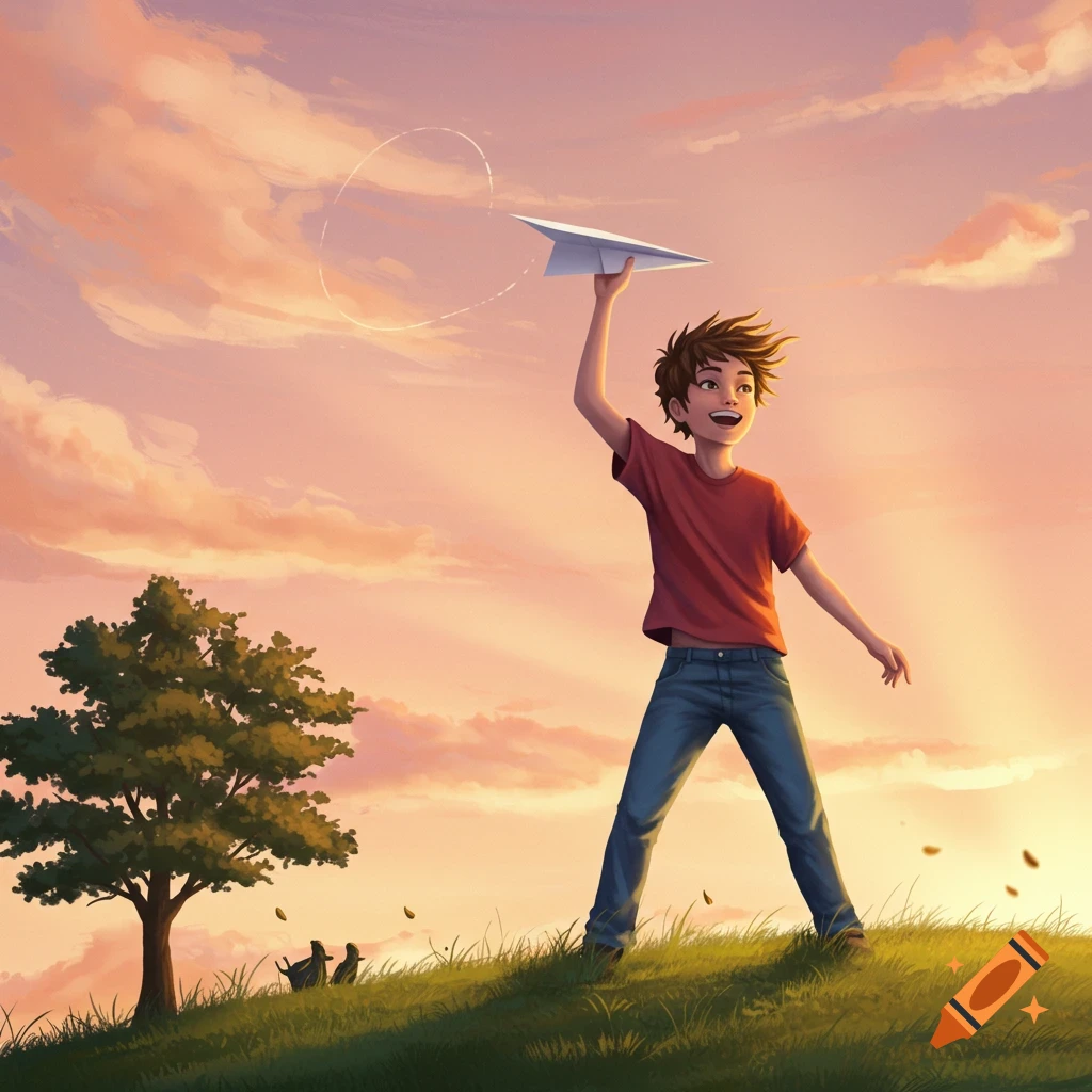 An illustrated boy stands on a grassy hill at sunset, happily throwing a paper airplane.