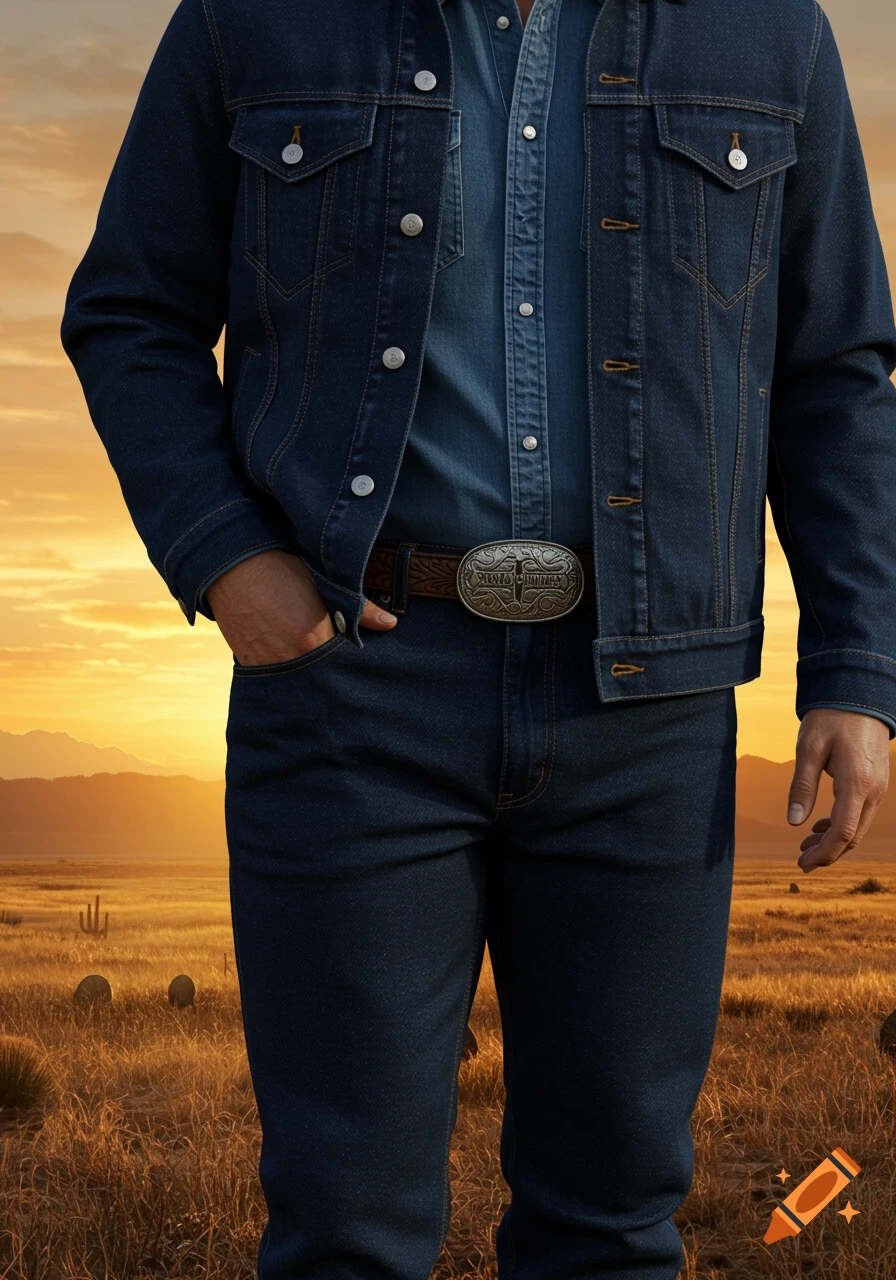 A person in a dark blue denim jacket, shirt, and jeans with a western belt buckle stands in a field at sunset.