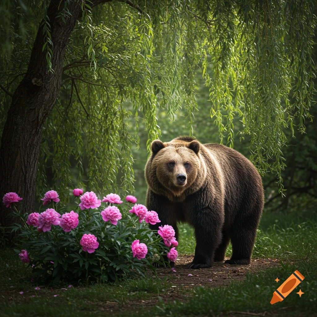 A photorealistic image of a brown bear standing next to vibrant pink peonies under a green willow tree.