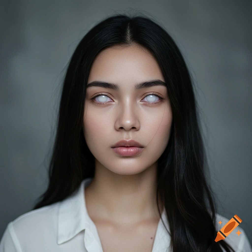 A photorealistic portrait of a woman with long dark hair and white corneas, wearing a white shirt, against a gray background.