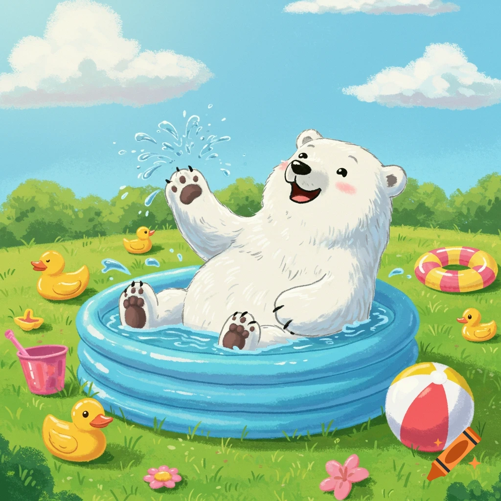 A happy cartoon polar bear splashes water in a blue kiddie pool on a sunny green lawn with rubber ducks and a beach ball.