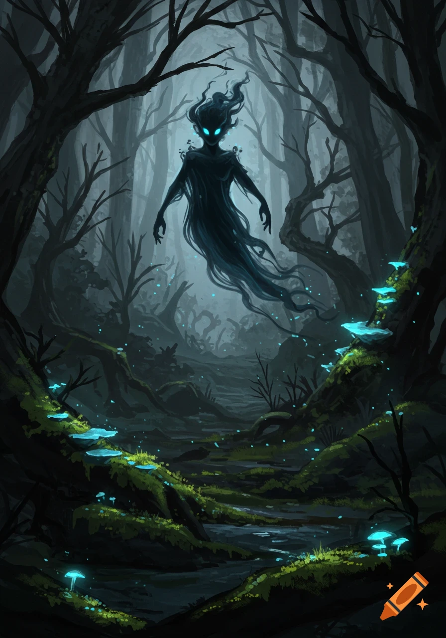 A dark, ethereal blue spirit with glowing eyes floats in a mystical, mossy forest with glowing blue mushrooms.