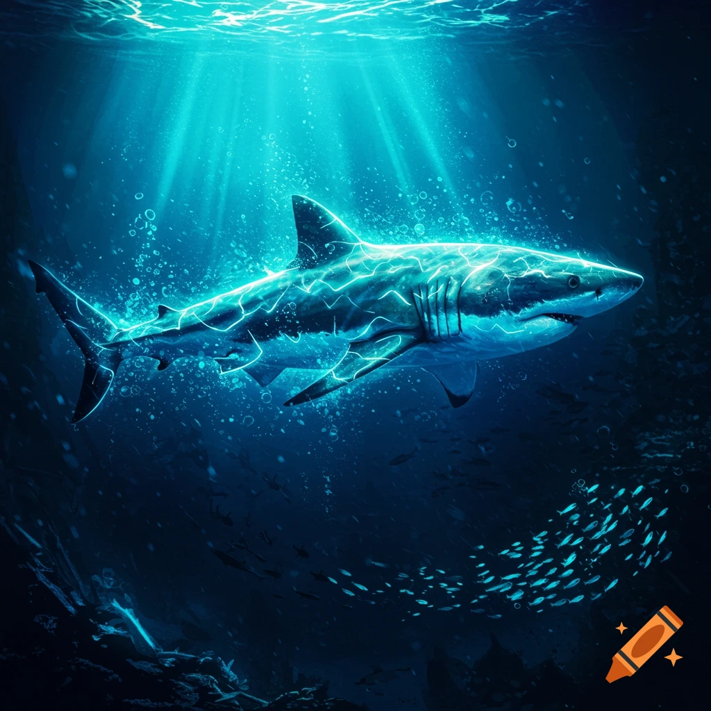 A glowing, electric blue shark swims underwater, illuminated by sun rays and surrounded by bubbles and schools of small fish.