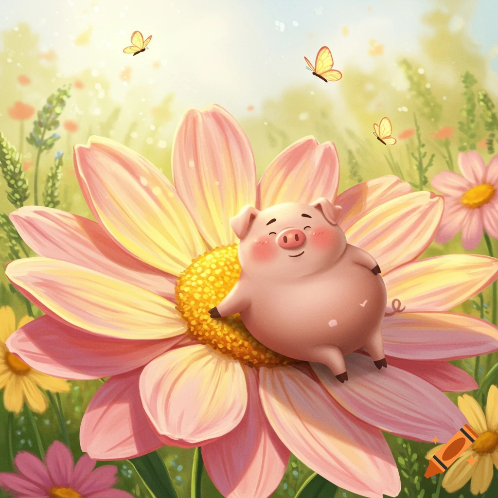A cute, smiling cartoon pig rests on a large pink and yellow flower, with butterflies flying around in a sunny field.