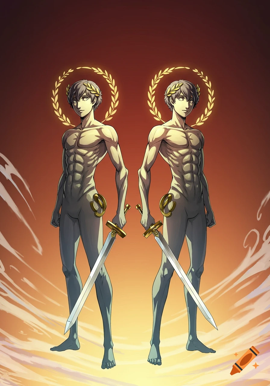 Anime-style illustration of two bare-chested humanoid figures wearing laurel wreaths and holding swords.