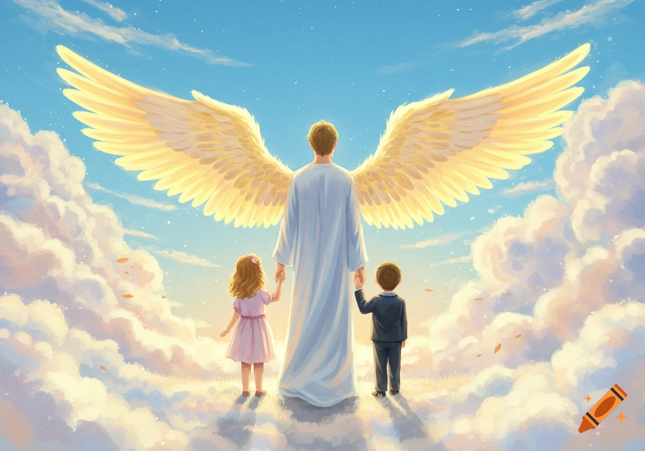 An angel with golden wings holds hands with a boy and girl, standing on clouds in a bright, starry sky.