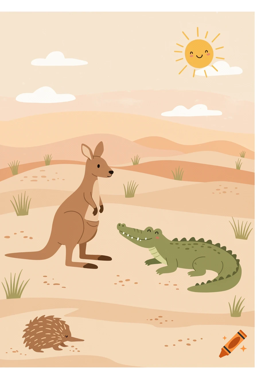 A cartoon kangaroo and crocodile facing each other in a desert landscape with an echidna and a smiling sun.