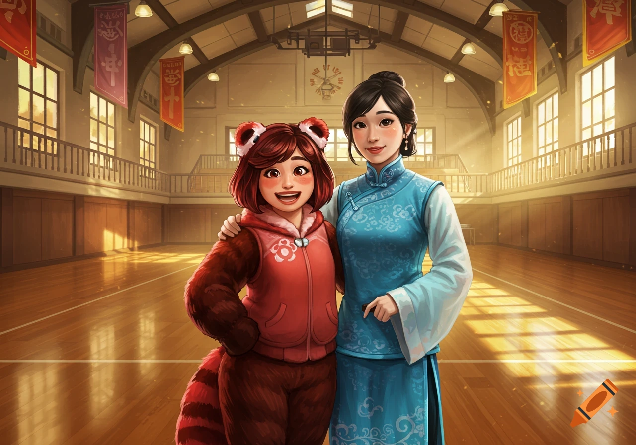 A young girl in a red panda costume and an adult woman in a blue dress pose happily in a school gymnasium.