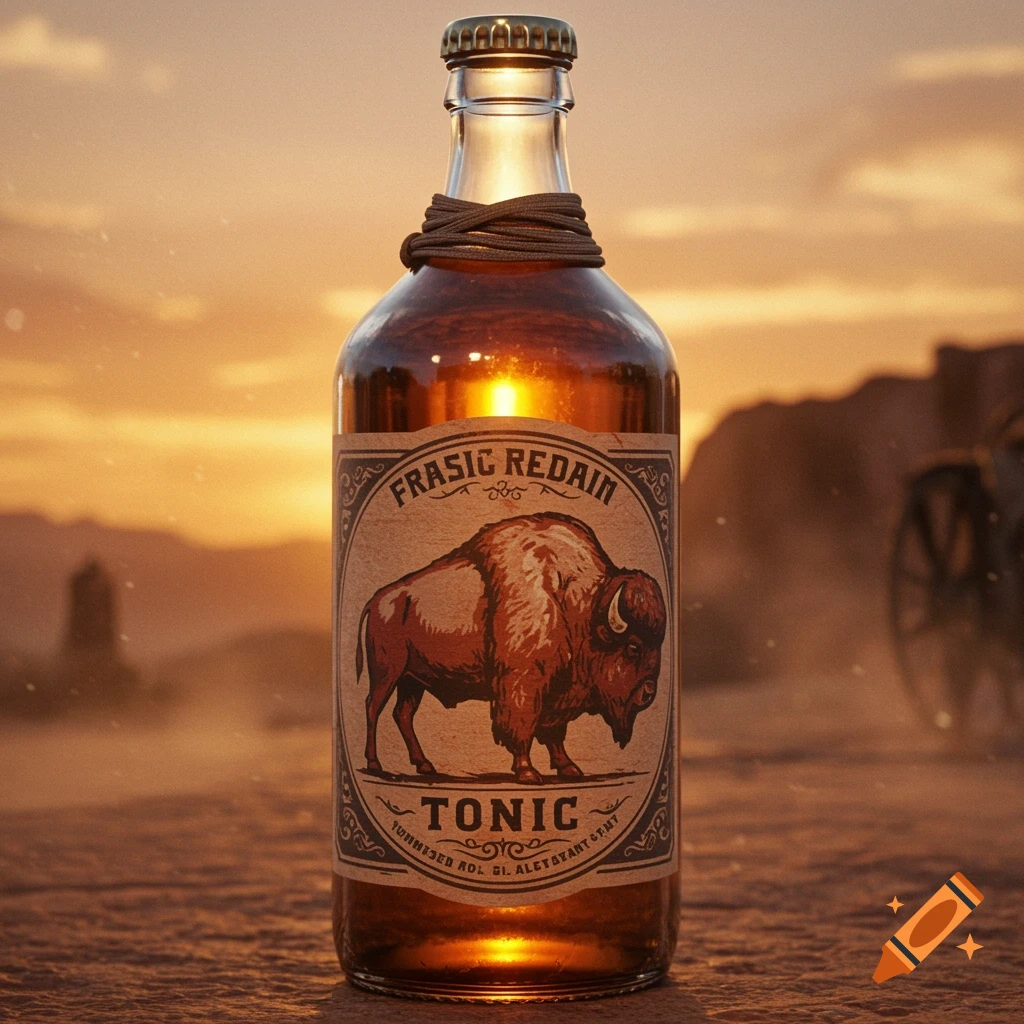 A vintage-style tonic bottle with a bison illustration and 'TONIC' on its label, set in a desert landscape at sunset.