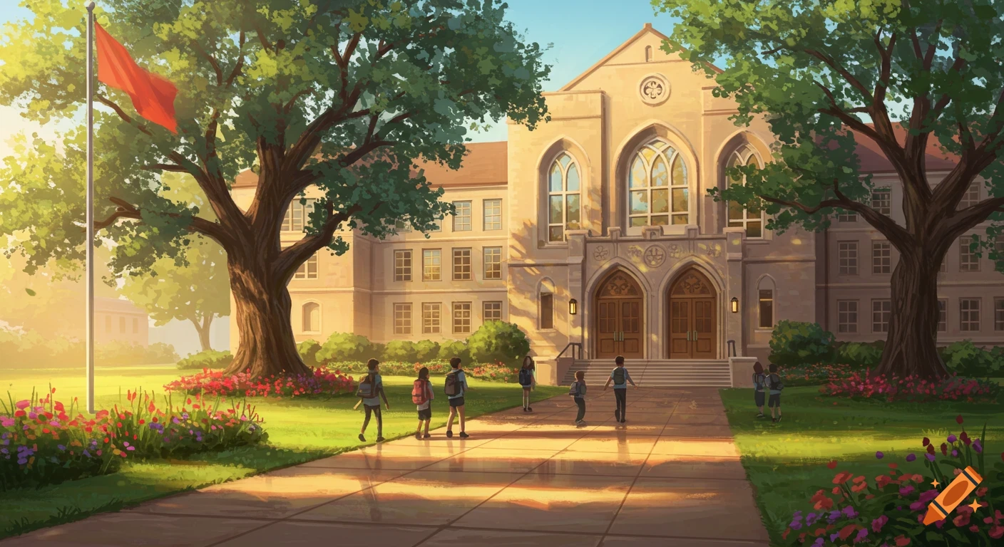 An illustrative wide shot of a school building with children walking on the path, surrounded by trees and flowers under a sunny sky.