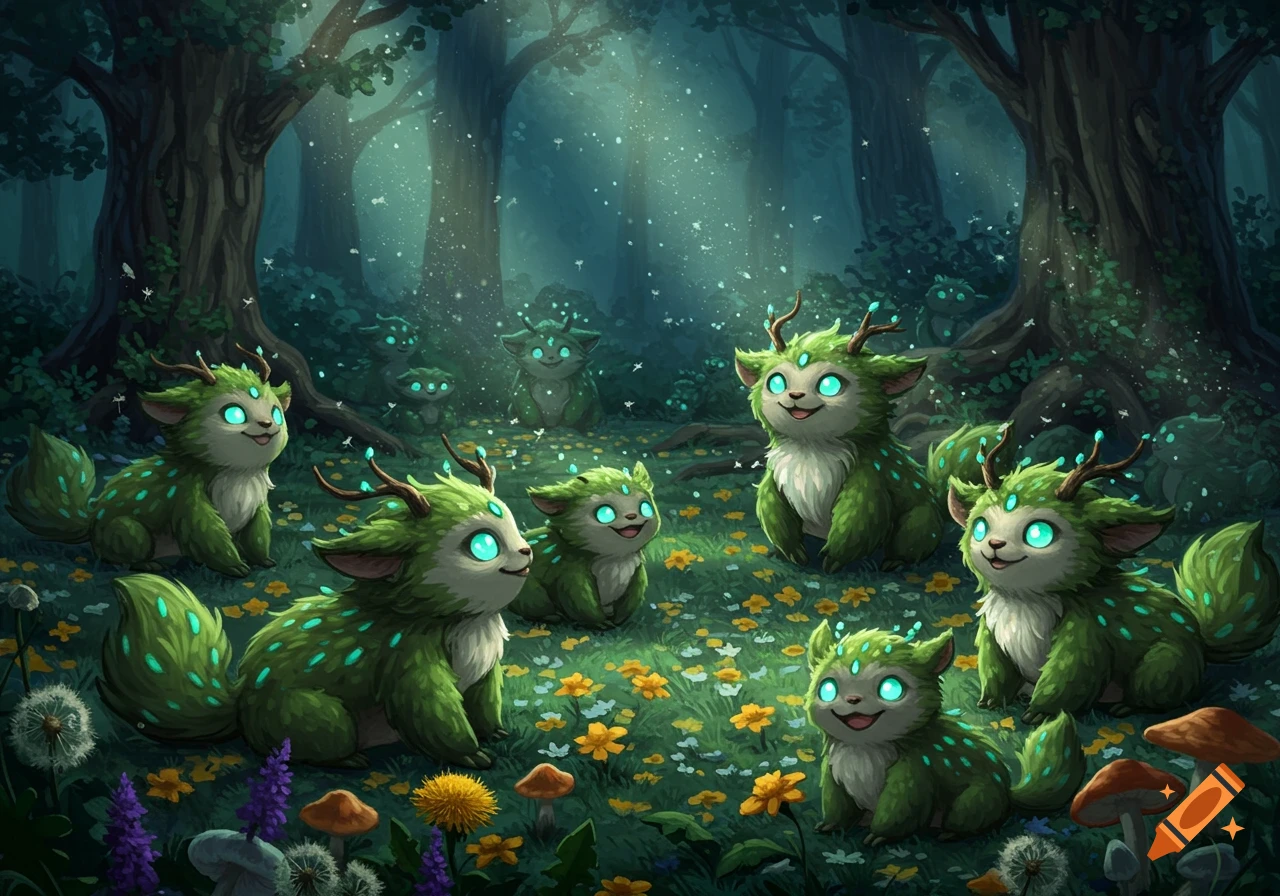 A group of whimsical green furry forest creatures with glowing blue eyes and antlers sit on a magical floor with wildflowers and mushrooms.