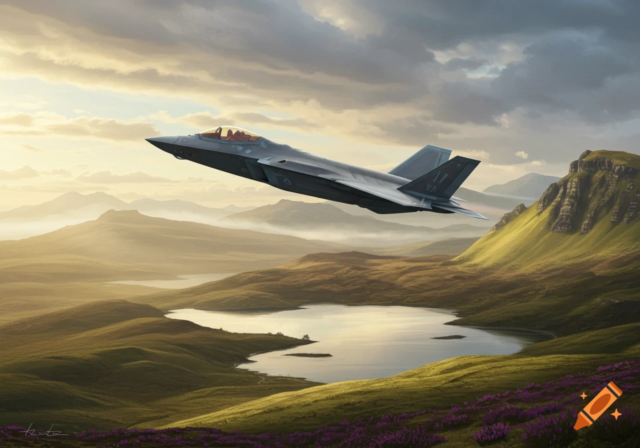 A photorealistic image of a grey fighter jet flying low over green, rolling hills and a lake under a cloudy sky.