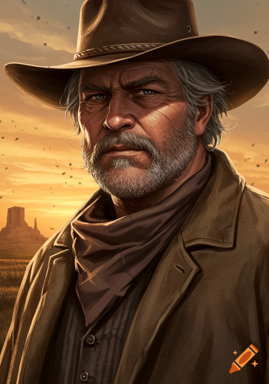 A detailed digital painting of an older cowboy with a beard and hat, set against a desert sunset with a mesa.
