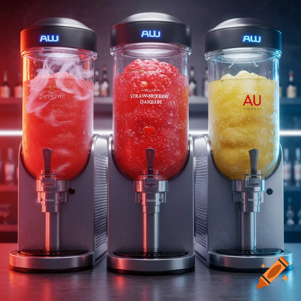 Three realistic slushy machines filled with red Red Bull, red Strawberry Daiquiri, and yellow AU Vodka drinks.