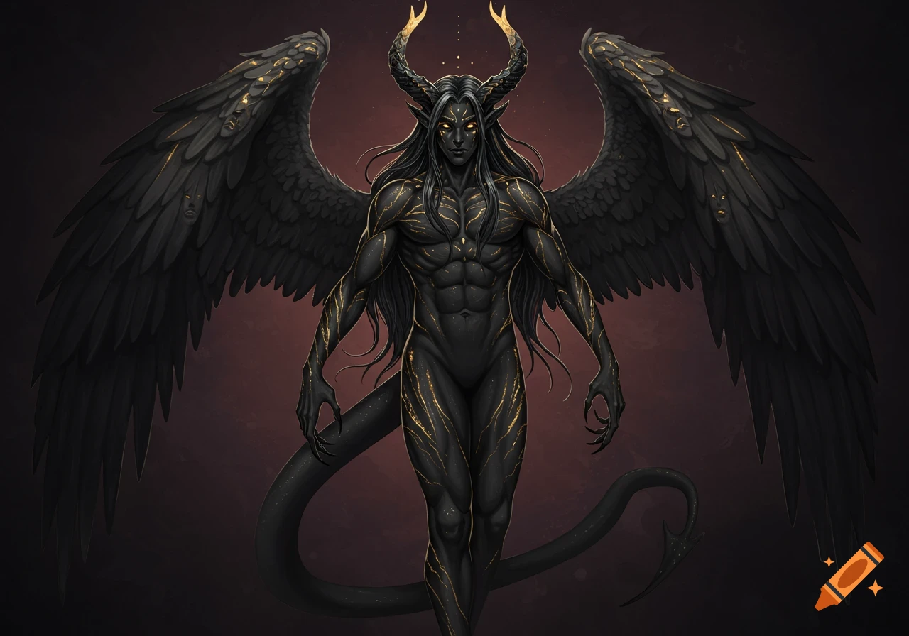 A muscular, dark-skinned demonic figure with golden horns, glowing eyes, large black wings, and a long tail stands against a dark background.