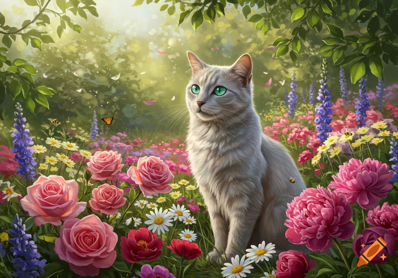 A light grey cat with green eyes sits amidst a vibrant garden of pink roses, purple lupins, and white daisies, with sunlight filtering through leaves.