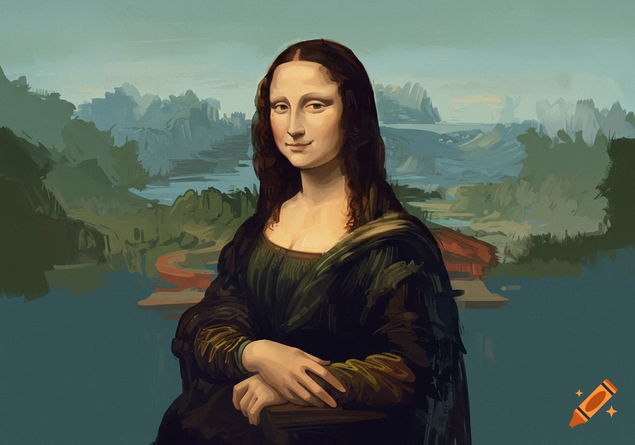 A stylized, painterly portrait of the Mona Lisa with a serene expression, against a brushstroke mountainous landscape background.