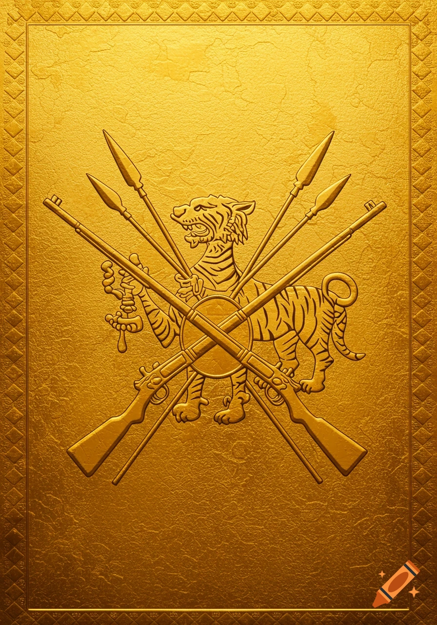 Gold embossed emblem with a stylized tiger, crossed rifles, spears, and a sword, on a textured gold background.