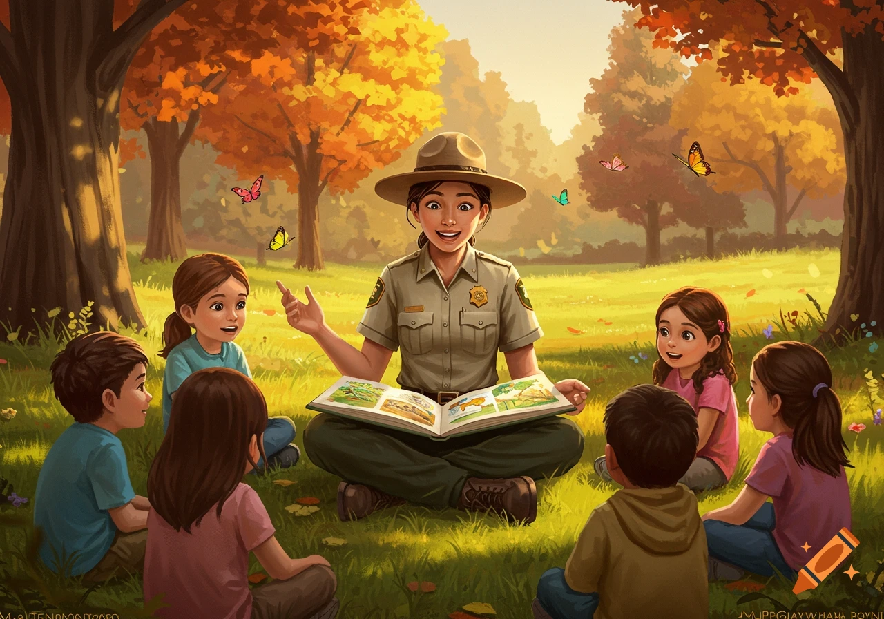 An illustration of a female park ranger reading a book to a group of children seated on the grass in an autumn park with colorful trees and butterflies.