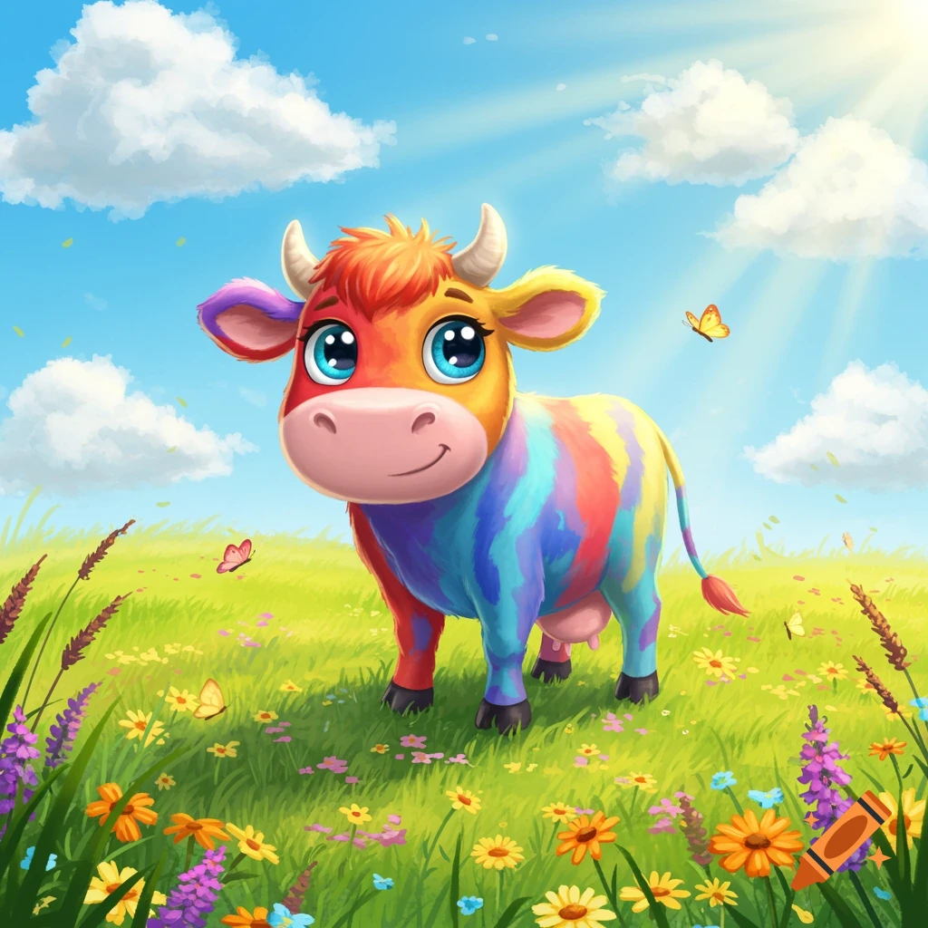 A cute animated rainbow-colored cow with big blue eyes stands in a sunny green meadow filled with colorful wildflowers and butterflies under a blue sky with clouds.