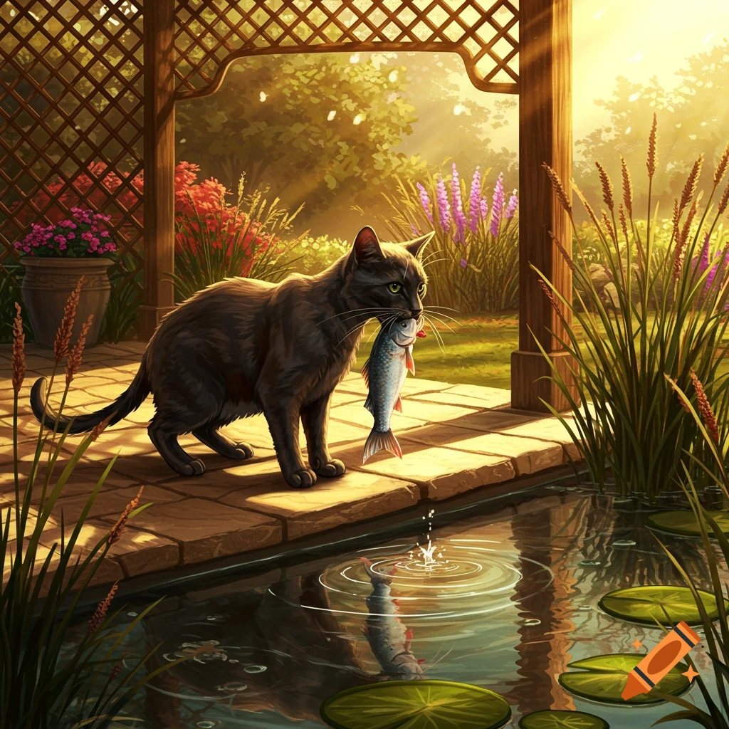 A grey cat stands on stone beside a pond, holding a fish in its mouth, in a sunlit garden.