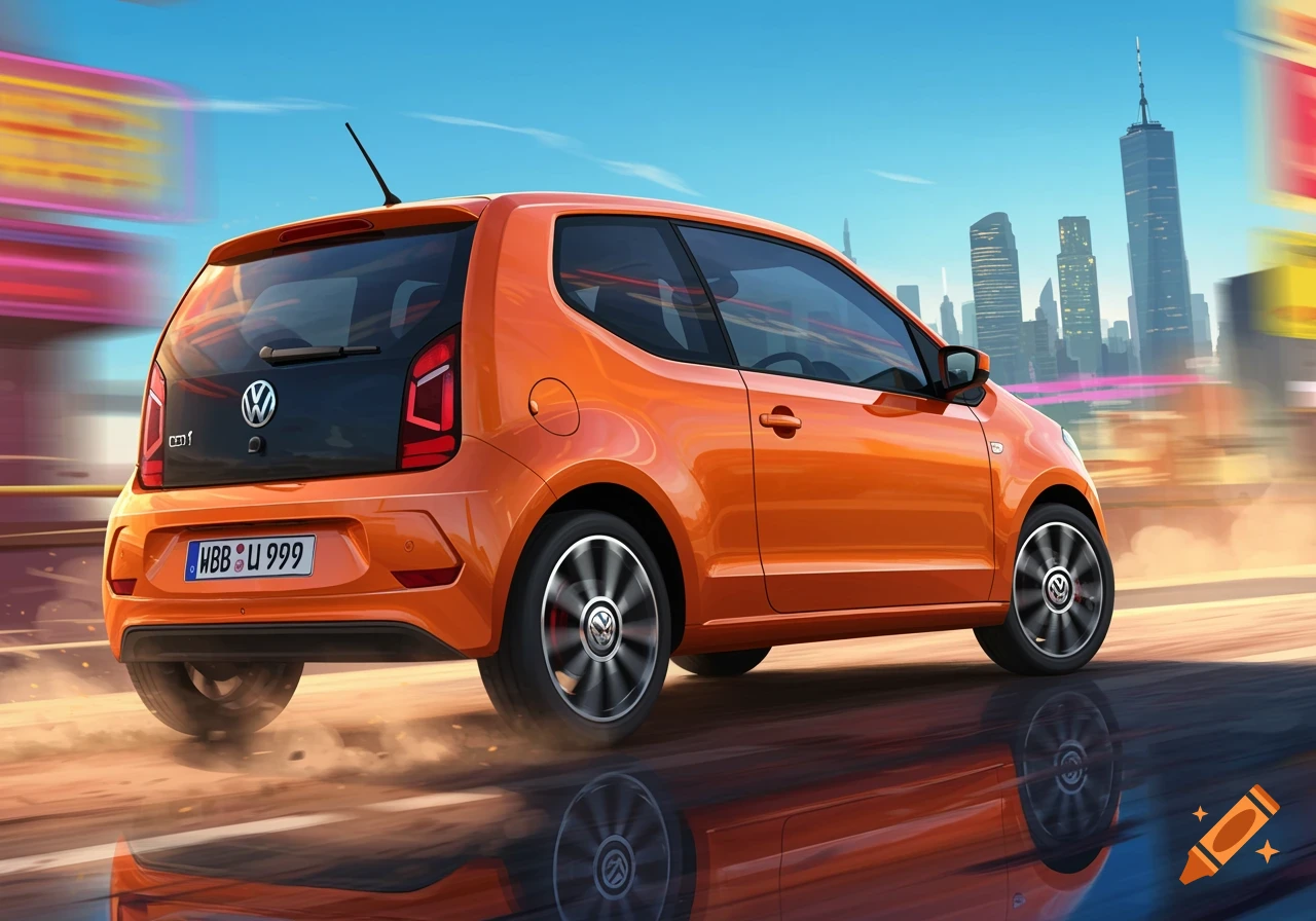 An orange Volkswagen Up! GTi speeds down a road with a city skyline in the background, reflections on the wet asphalt. Photorealistic style.