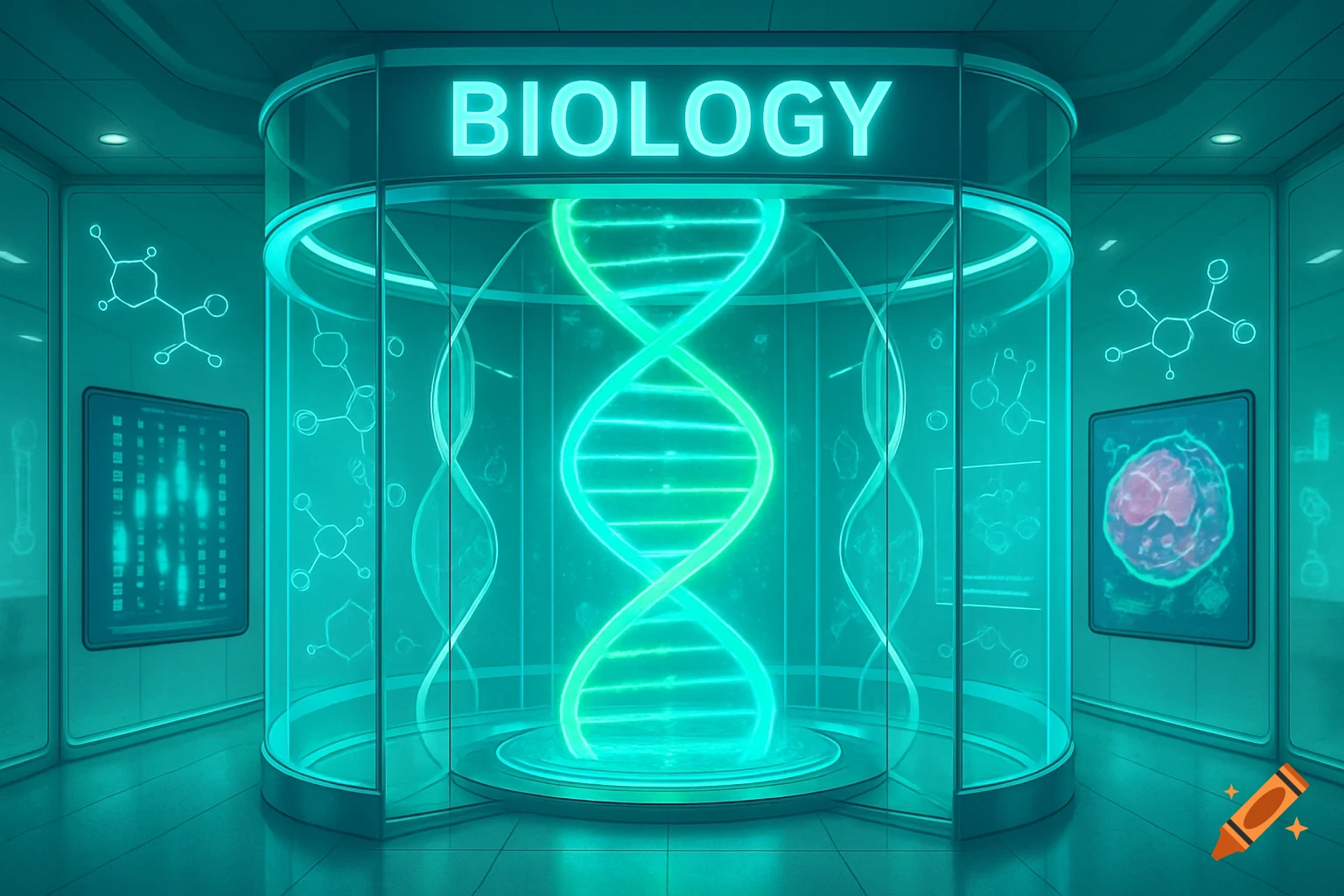 A glowing green DNA helix inside a glass cylinder in a futuristic biology lab with 'BIOLOGY' written above.