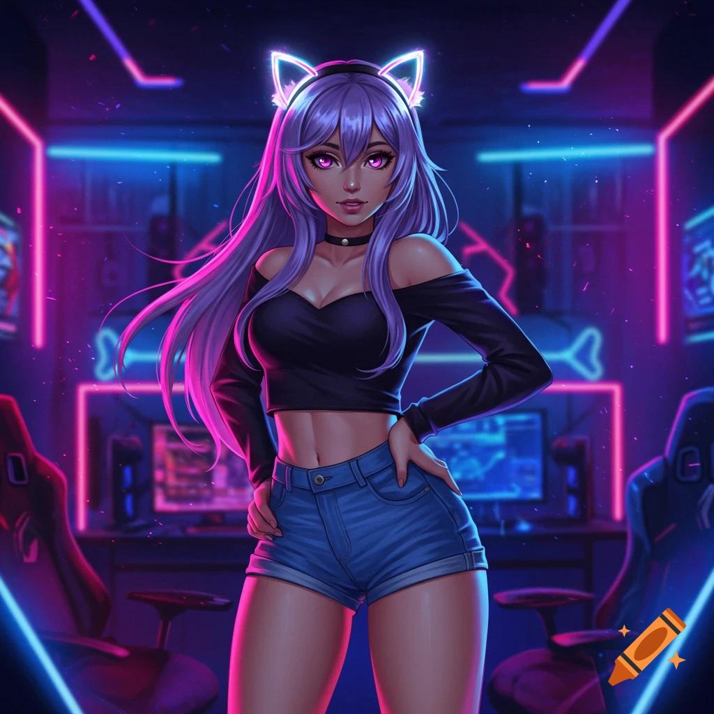 Anime-style girl with long purple hair and glowing cat ears, wearing a black crop top and denim shorts in a neon-lit gaming room.