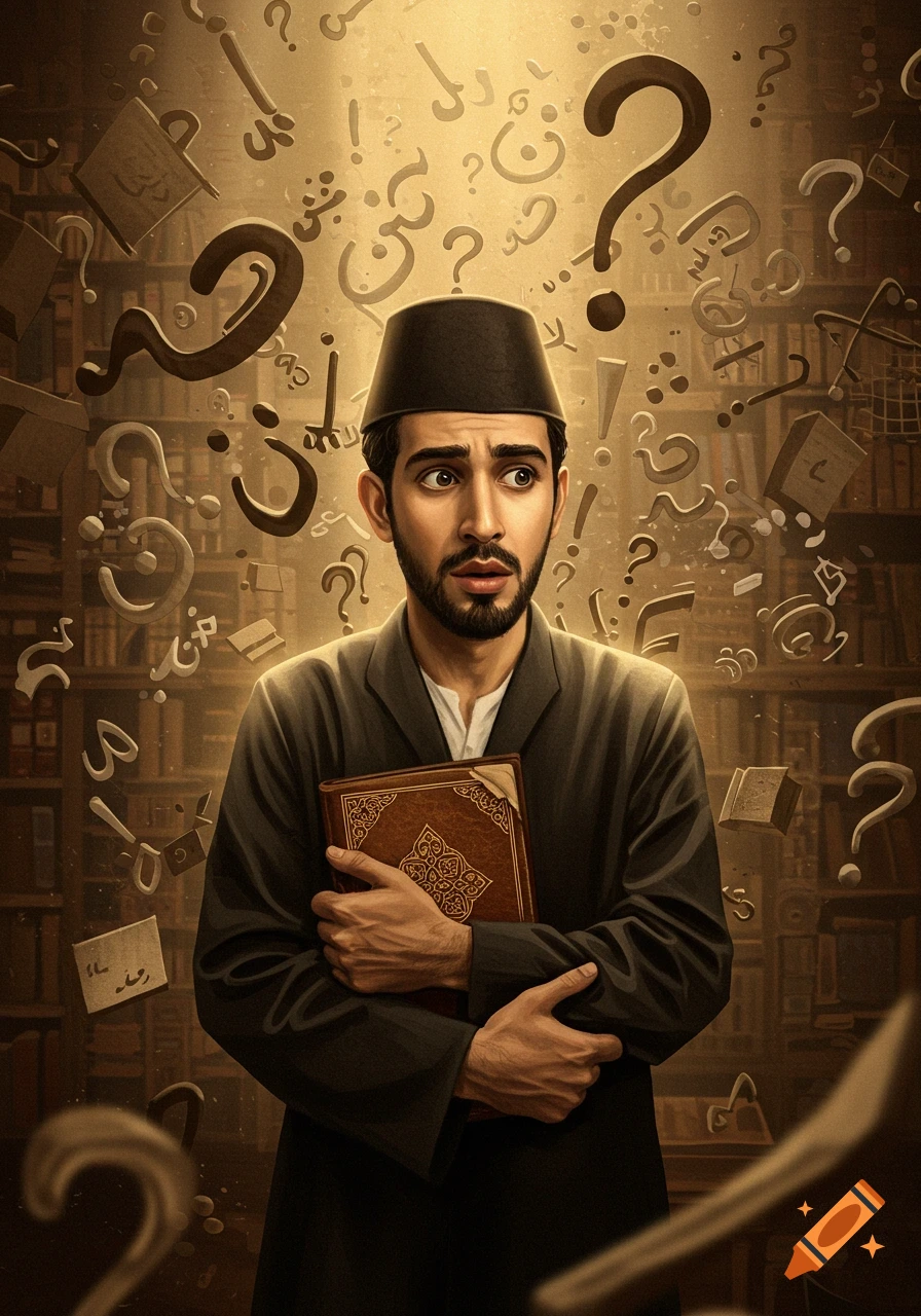 A man in a black fez and cloak holds a book, looking distressed amidst a flurry of question marks, exclamation marks, and Arabic letters. The background is a blurred library.