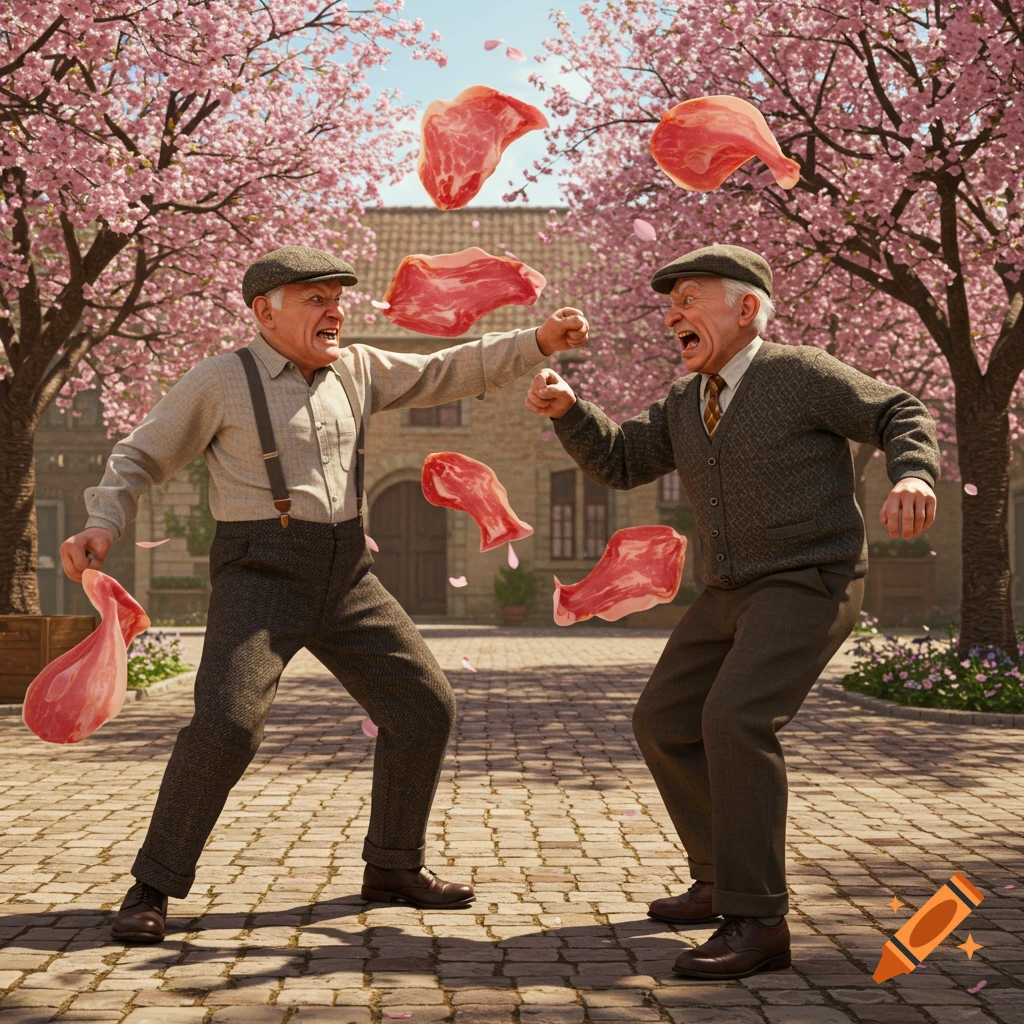 Two angry old men fight with slices of ham and cherry blossom petals flying around them on a cobblestone street in a hyperrealistic style.