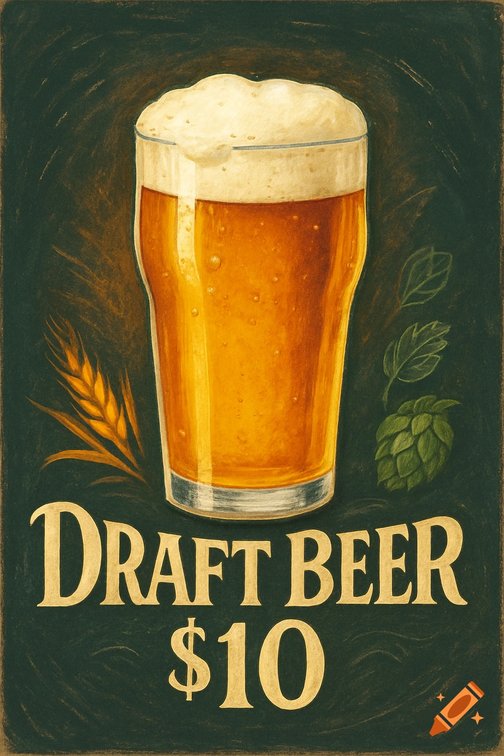 A vintage-style sign with a glass of frothy beer, wheat, and hops, advertising "Draft Beer $10."
