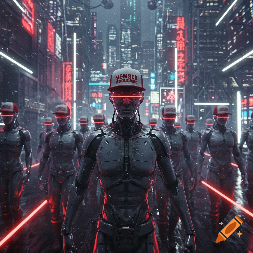 A line of dark humanoid robots with glowing red eyes and baseball caps walks down a neon-lit cyberpunk city street.