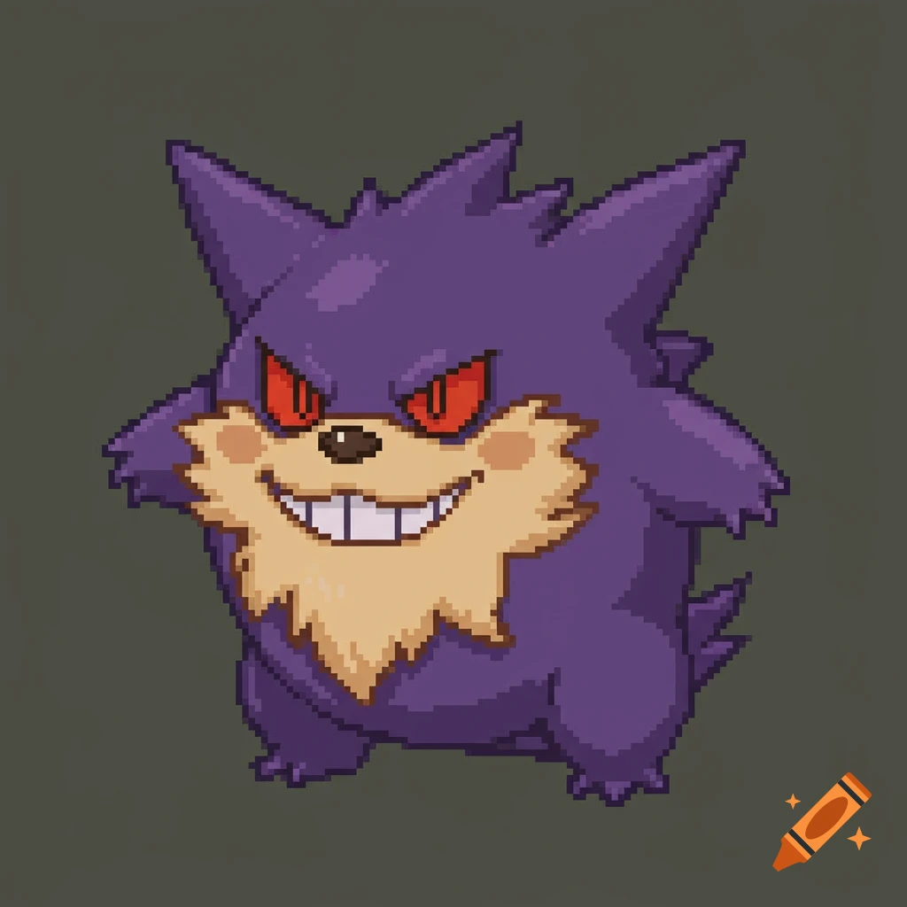 A pixel art sprite of a purple, spiky Gengar character with a tan Growlithe face, brown nose, and red eyes, smiling.