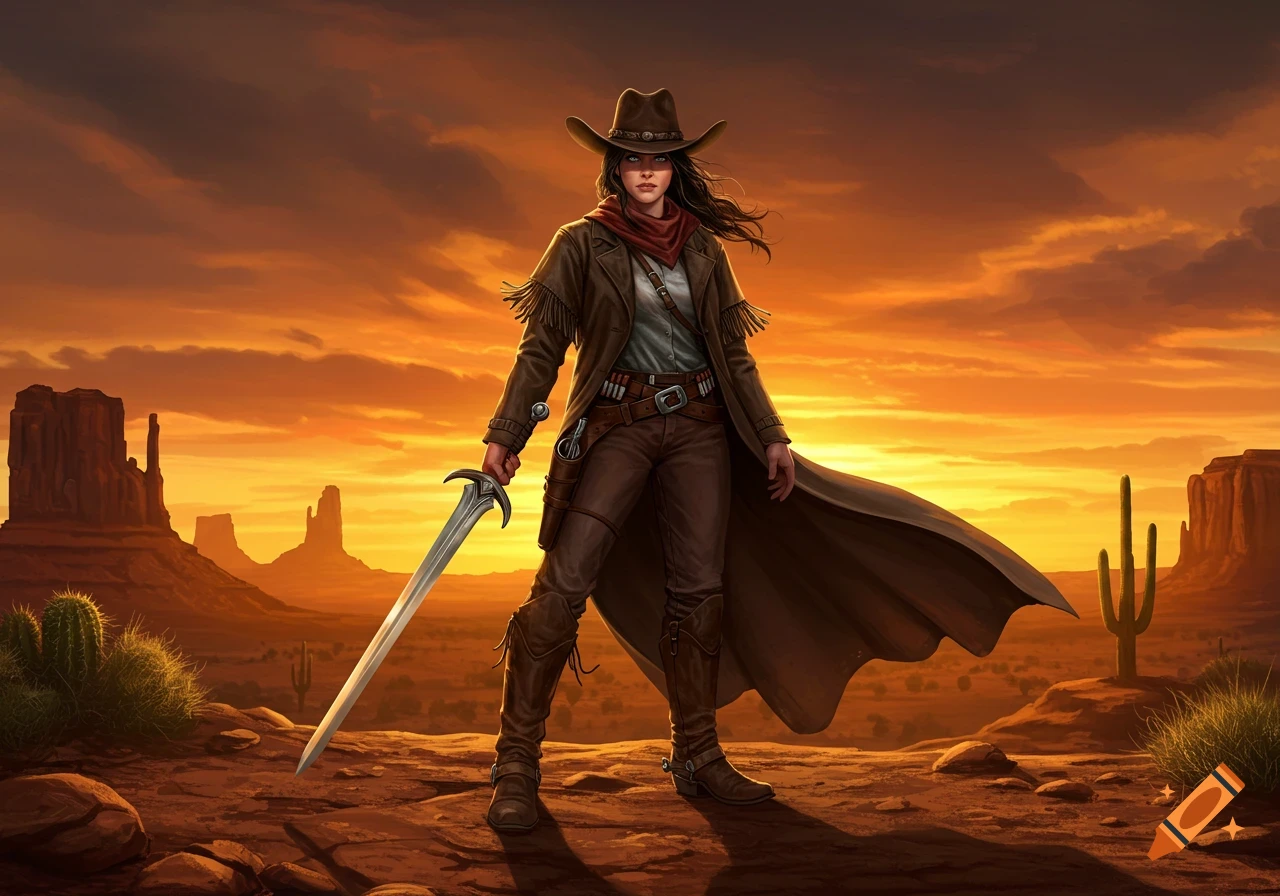 A fierce cowgirl warrior stands in a desert landscape at sunset, holding a large sword.