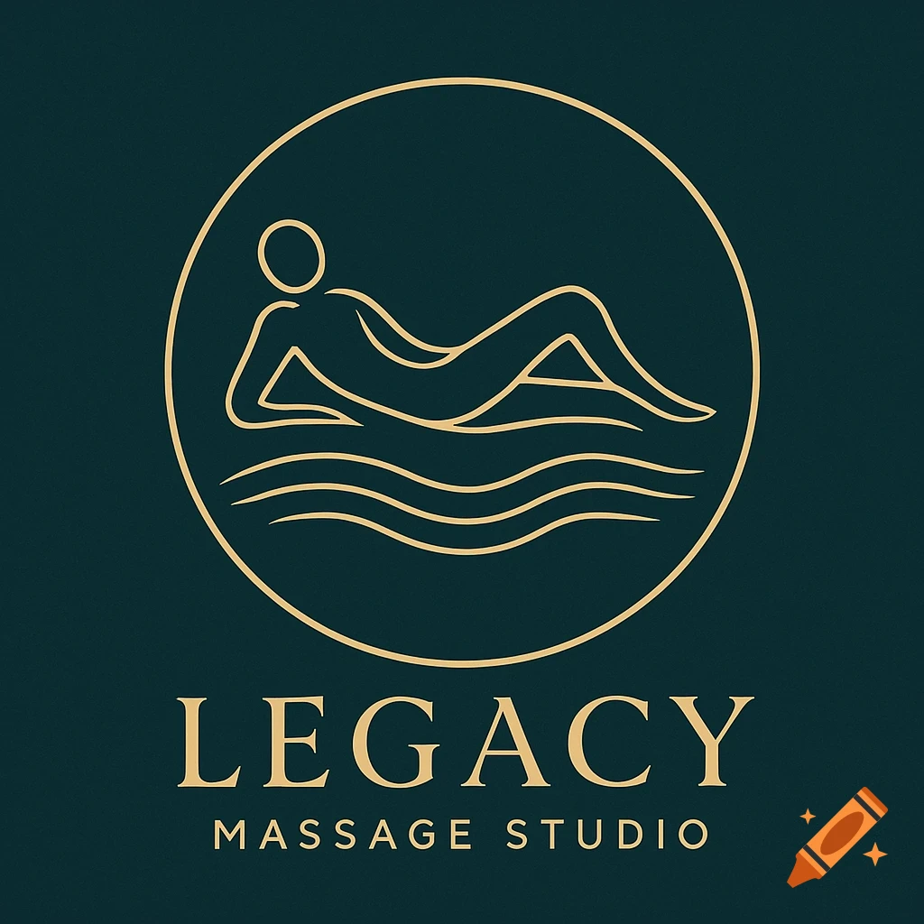 A gold minimalist logo for "Legacy Massage Studio" on a dark teal background, featuring a reclining figure on waves inside a circle.