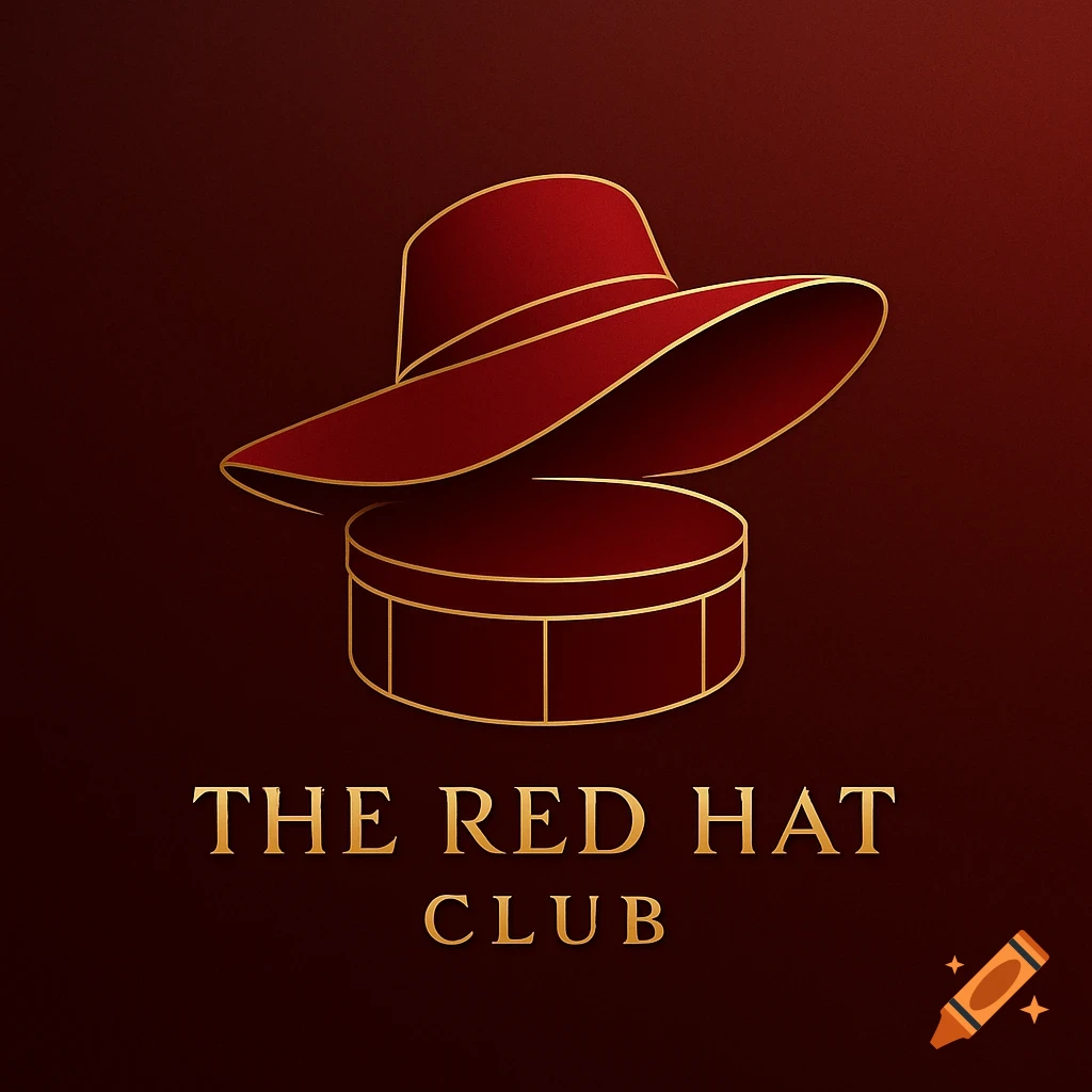 A gold and red logo for The Red Hat Club featuring a wide-brimmed hat over a round hat box.
