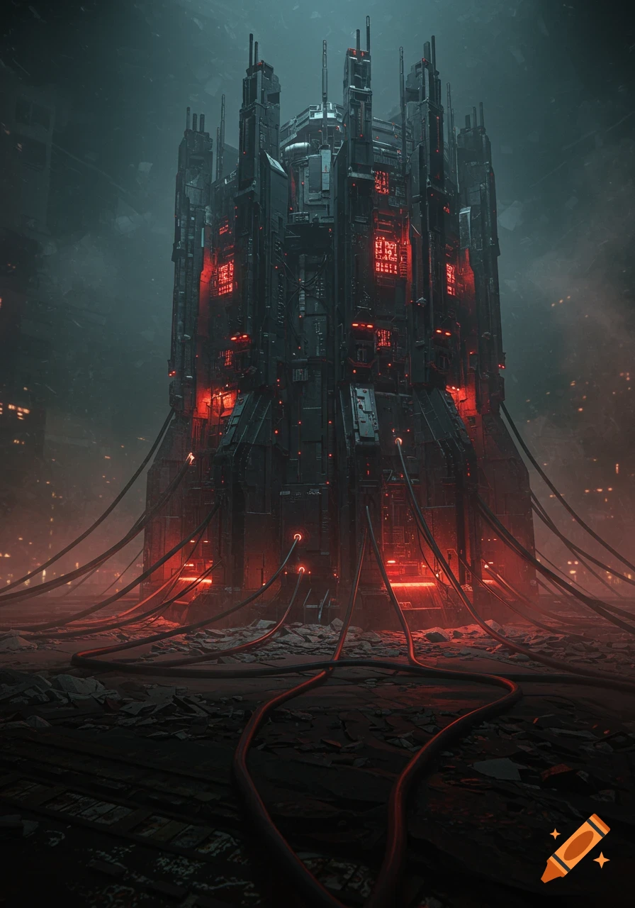 A towering, dark futuristic computing core building with red glowing lights and many cables connected to its base, in a grimdark style.